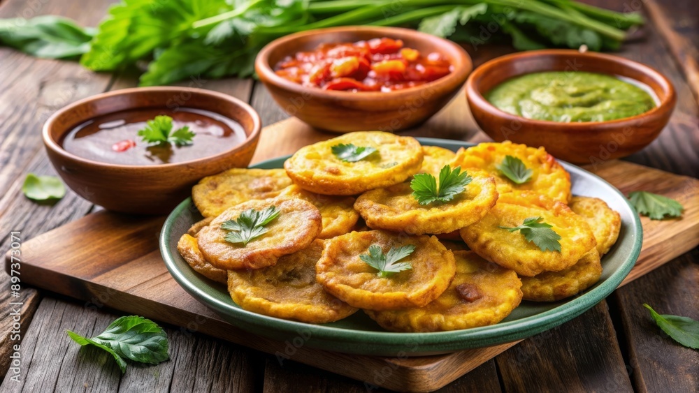Tostones fritos servidos con salsa de tomate, guacamole y salsa verde en un plato de madera. Tostones fritos servidos con salsa de tomate, guacamole y salsa verde en un plato de madera.