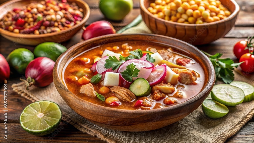 Pozole con carne, maíz, y verduras frescas, servido con rábanos, limones y cilantro. Pozole con carne, maíz, y verduras frescas, servido con rábanos, limones y cilantro.