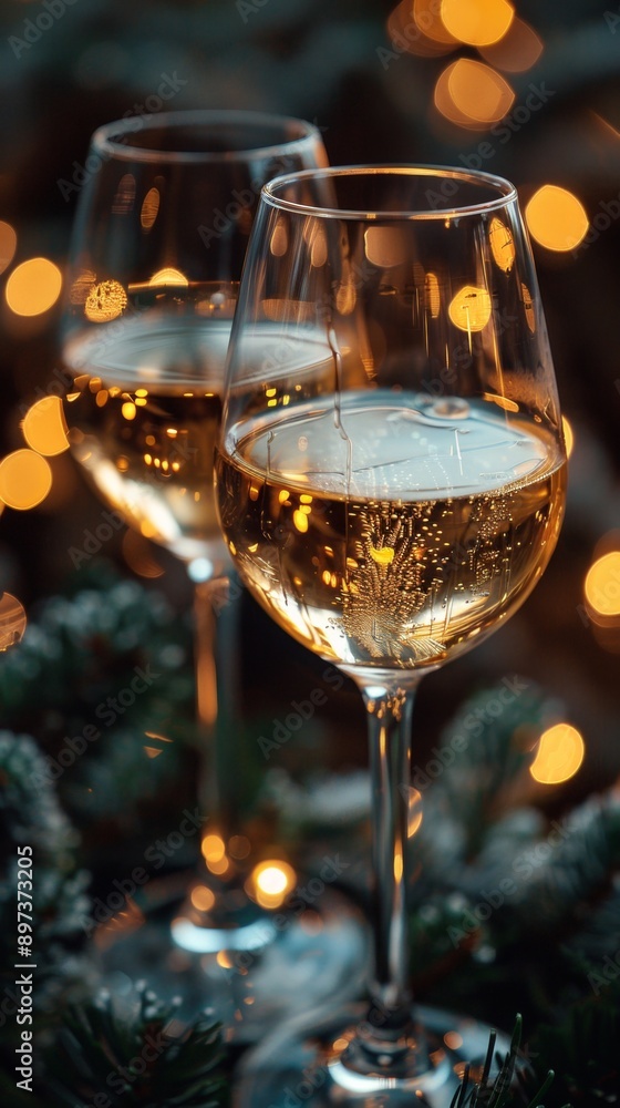 Two glasses of white wine sit elegantly on a table surrounded by festive lights and greenery, creating a warm and celebratory atmosphere. Two glasses of white wine sit elegantly on a table surrounded by festive lights and greenery, creating a warm and celebratory atmosphere.