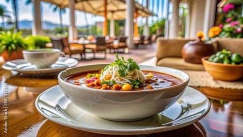 Sopa de frijoles con carne y vegetales, decorada con cilantro y servida en un elegante restaurante.