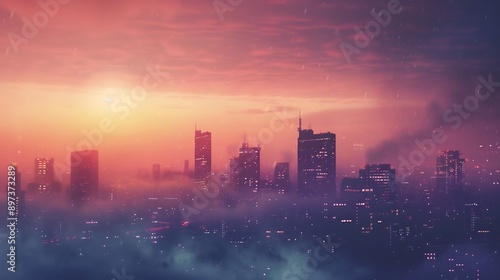 Cityscape at Dusk with Rain and Fog