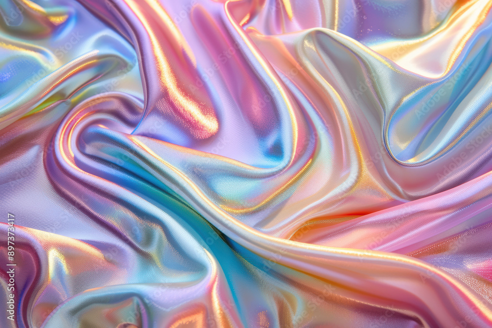 Obraz premium Vibrant iridescent fabric close-up with colorful reflections, showcasing a smooth, shiny, and silky texture, perfect background or design element for creative projects.