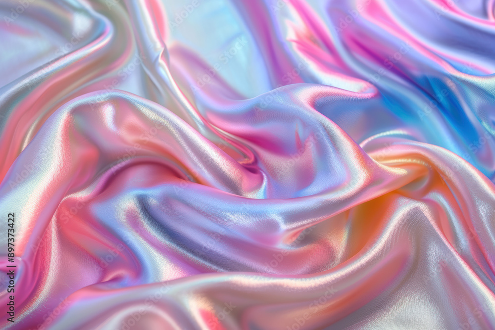 Close-up of smooth, iridescent fabric in pastel colors, showcasing flowing, silky textures and a captivating, luminous shimmer. Close-up of smooth, iridescent fabric in pastel colors, showcasing flowing, silky textures and a captivating, luminous shimmer.