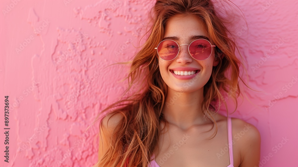 Young Woman Smiling in Pink Sunglasses Against a Pink Wall Young Woman Smiling in Pink Sunglasses Against a Pink Wall