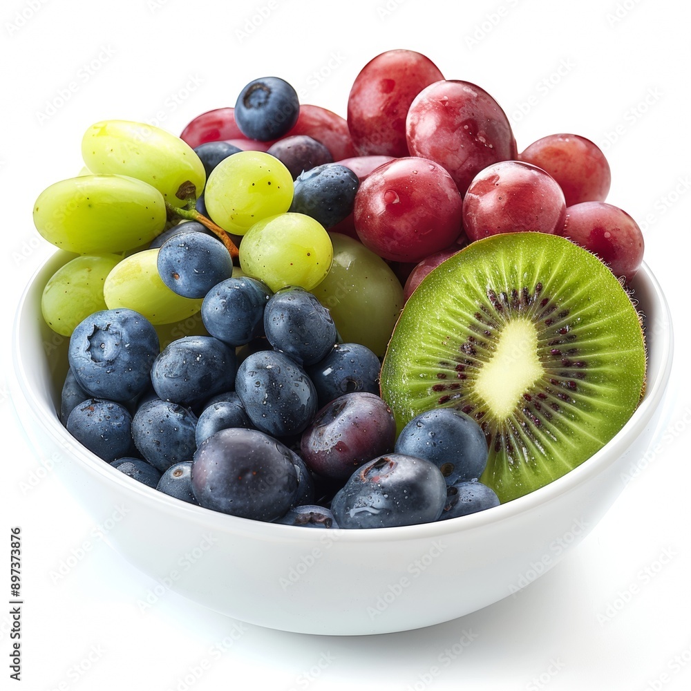 Fresh and Vibrant Mixed Fruit Bowl with Grapes, Kiwi, and Blueberries on White Background with Copy Space Fresh and Vibrant Mixed Fruit Bowl with Grapes, Kiwi, and Blueberries on White Background with Copy Space