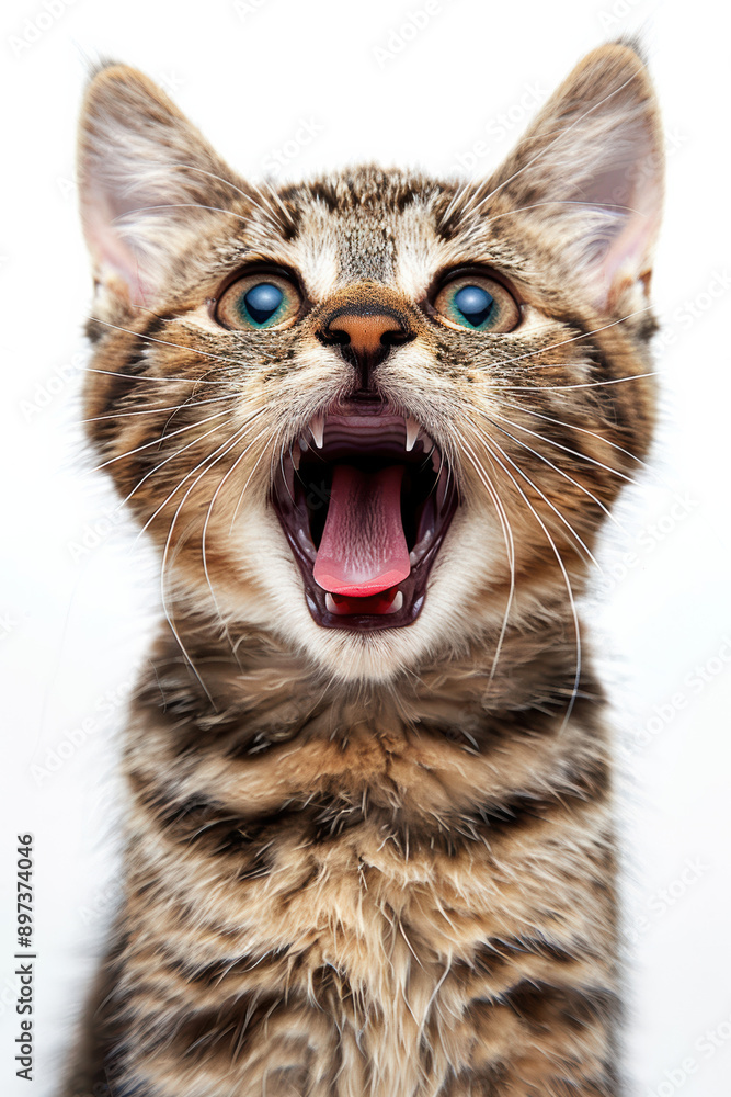 Close-up of an adorable kitten with mouth open, showing teeth and tongue, eyes wide open, against a white background. Close-up of an adorable kitten with mouth open, showing teeth and tongue, eyes wide open, against a white background.