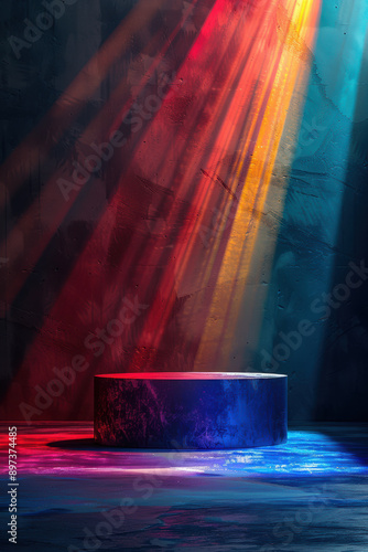 Vibrant spotlight beams in red, yellow, and blue illuminate a textured cylindrical podium against a dark background.