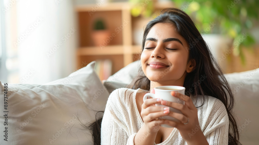 Woman in white enjoying a peaceful coffee moment Woman in white enjoying a peaceful coffee moment