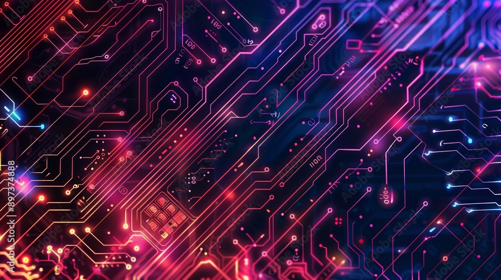 Futuristic concept of a glowing circuit board transmitting data through electronic lines Futuristic concept of a glowing circuit board transmitting data through electronic lines