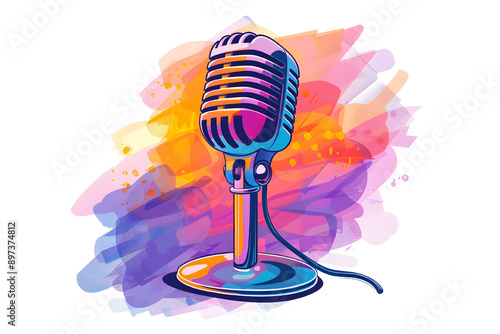 A vibrant illustration of a classic microphone against a colorful backdrop, perfect for music and entertainment themes.