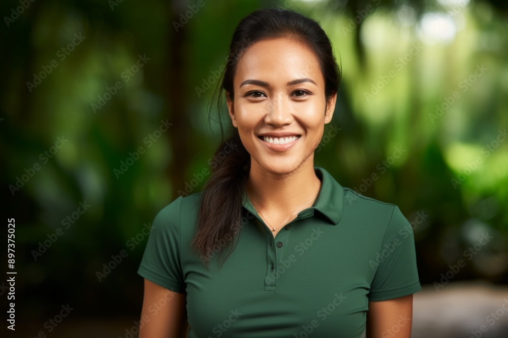 Portrait of a smiling asian woman in her 30s wearing a sporty polo shirt while standing against lush tropical rainforest Portrait of a smiling asian woman in her 30s wearing a sporty polo shirt while standing against lush tropical rainforest