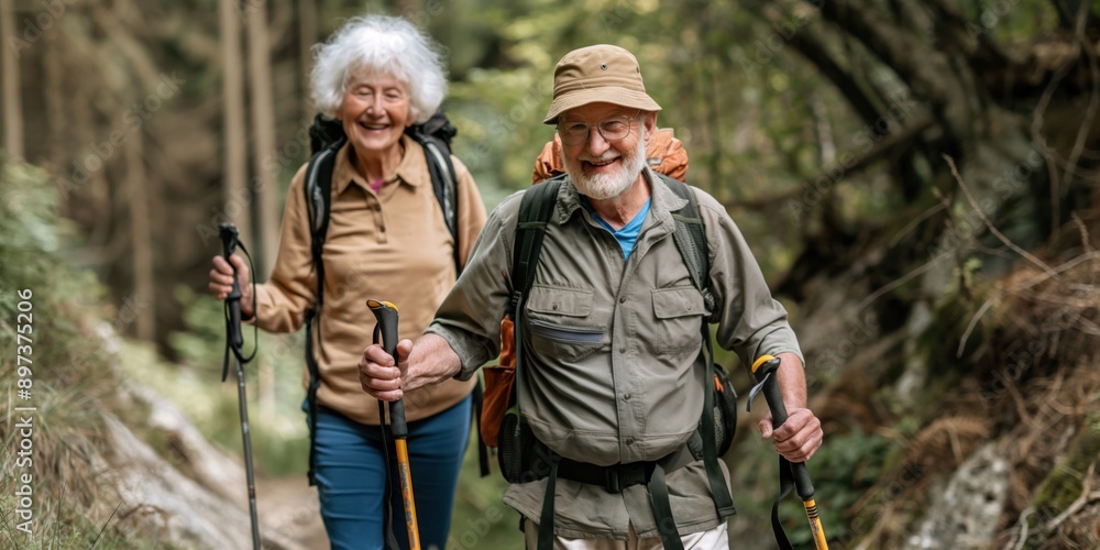 Fototapeta premium Photo of a senior couple hiking on a nature trail, smiling and holding walking poles. Hiking and outdoor adventure concept.
