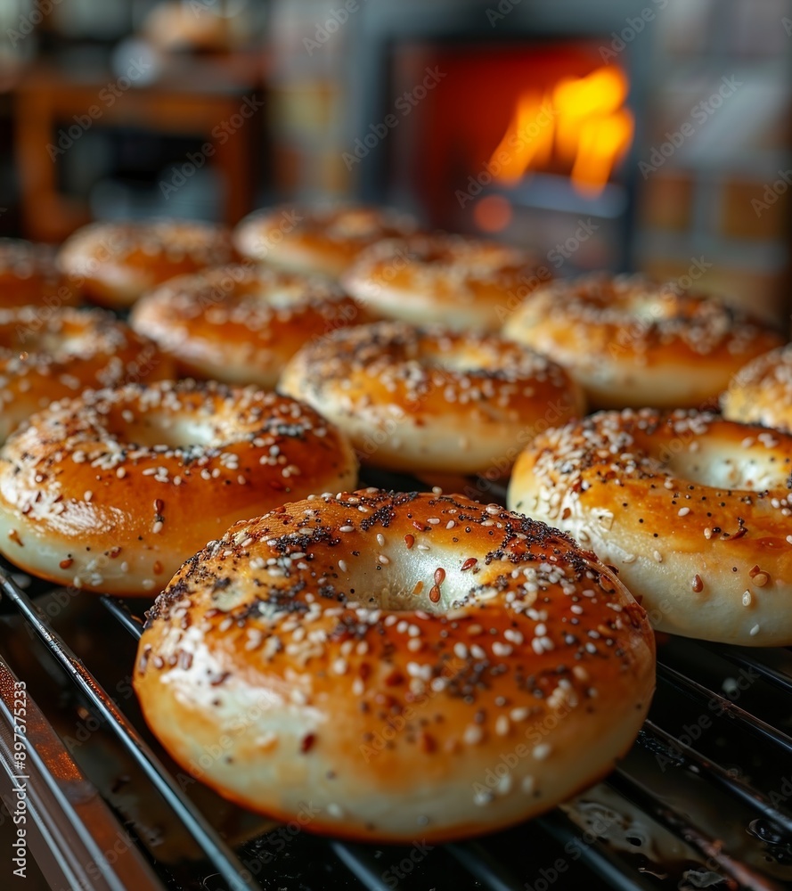 Freshly baked bagels with sesame and poppy seeds cooling on a rack, with a warm and cozy fireplace in the background. Freshly baked bagels with sesame and poppy seeds cooling on a rack, with a warm and cozy fireplace in the background.