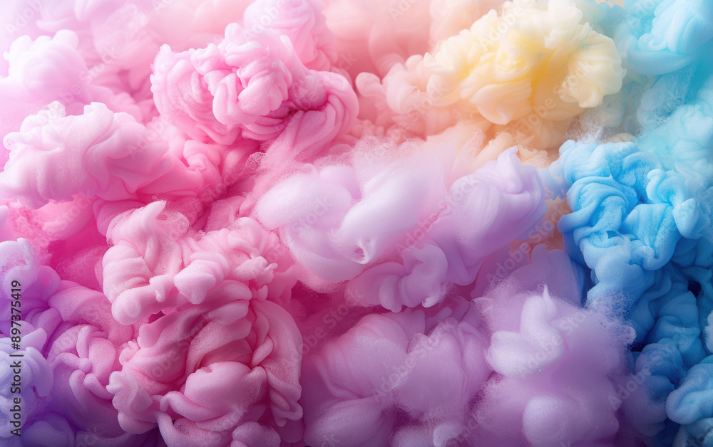 Colorful abstract background with soft pastel pink, blue, and yellow clouds, creating a dreamy, cotton candy-like texture and effect. Colorful abstract background with soft pastel pink, blue, and yellow clouds, creating a dreamy, cotton candy-like texture and effect.