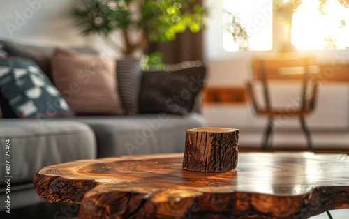 Cozy living room with modern and rustic decor. Sunlight filters through the windows, highlighting a unique wooden coffee table. Perfect for home interiors. photo