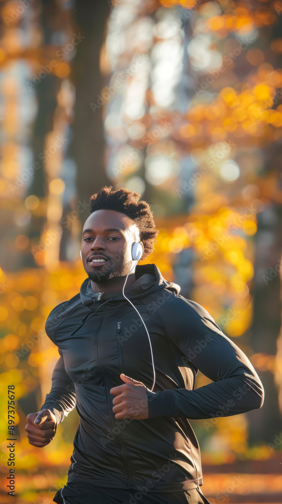 Obraz premium Black man running through fall park with vibrant leaves