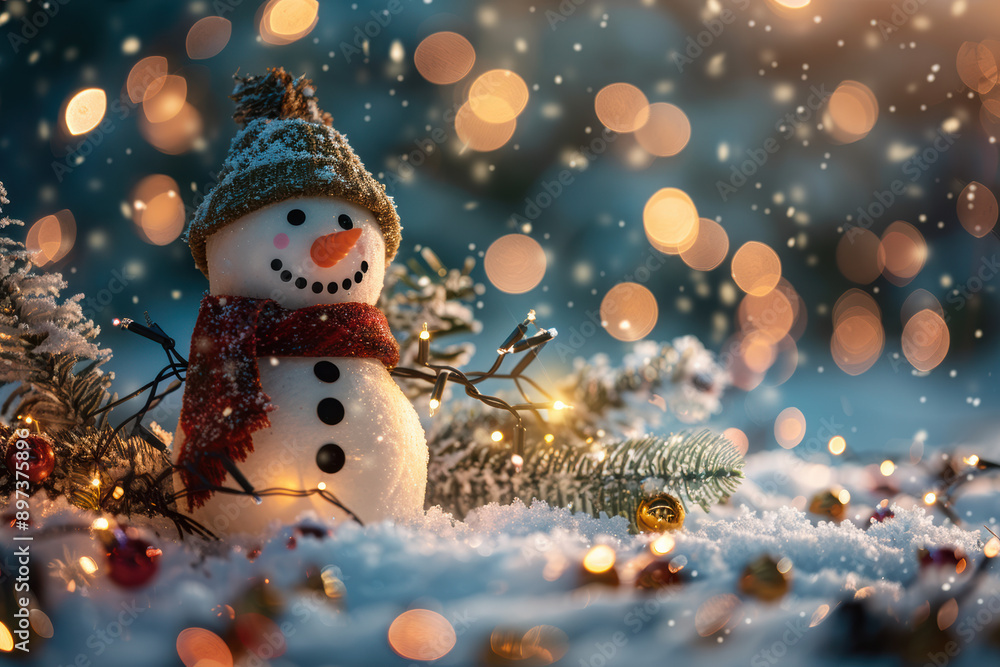 Obraz premium A cheerful snowman with a red scarf and knitted hat stands amidst twinkling holiday lights, surrounded by snow-covered pine branches during a winter evening.