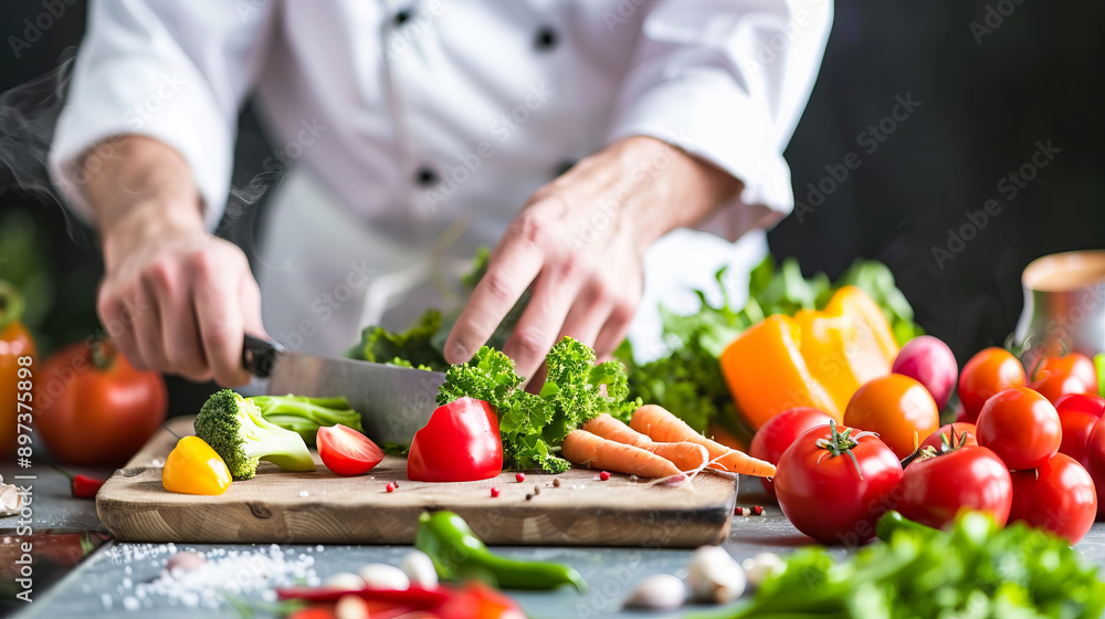 Chef preparing fresh vegetables on a wooden cutting board Chef preparing fresh vegetables on a wooden cutting board