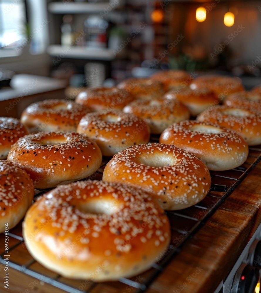 Freshly baked sesame bagels cooling on a wire rack in a cozy bakery with a warm and inviting atmosphere. Freshly baked sesame bagels cooling on a wire rack in a cozy bakery with a warm and inviting atmosphere.