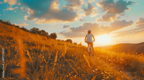 Man cycling on a path through a golden field at sunset photo