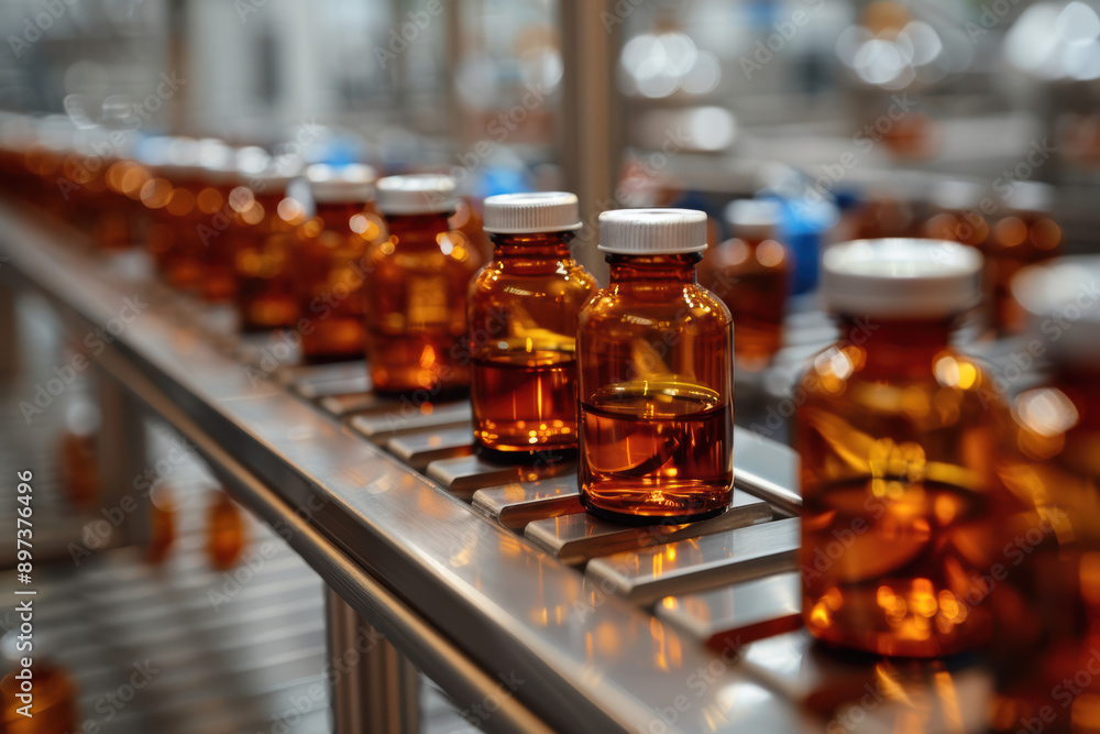 Bottles of amber glass on a conveyor belt in a pharmaceutical factory, representing medicine production and industrial automation. Bottles of amber glass on a conveyor belt in a pharmaceutical factory, representing medicine production and industrial automation.