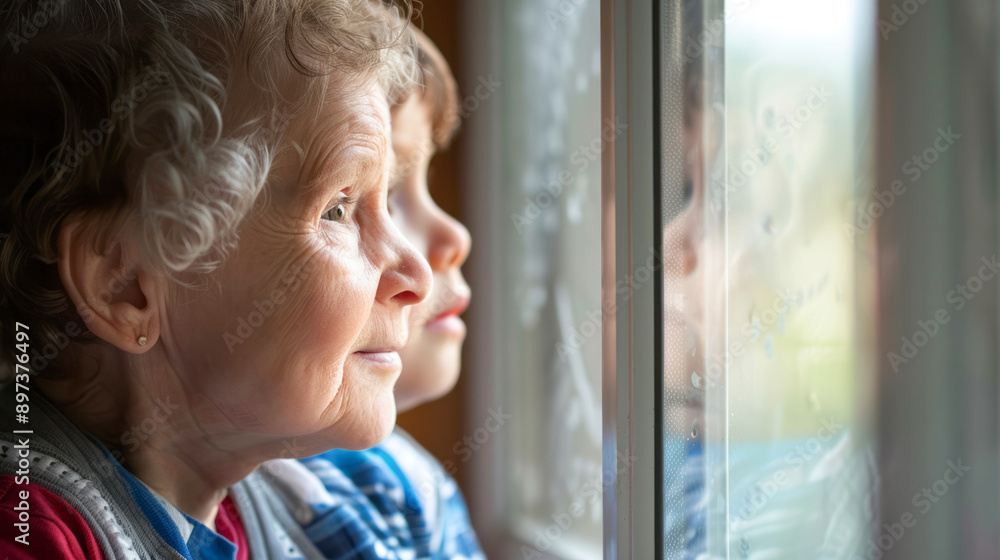 Elderly woman and young boy gazing out the window Elderly woman and young boy gazing out the window