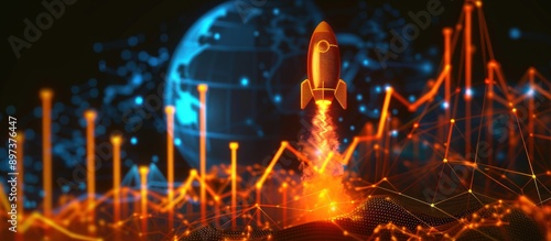 Amber glowing graph and rocket on a dark background for a business growth theme,