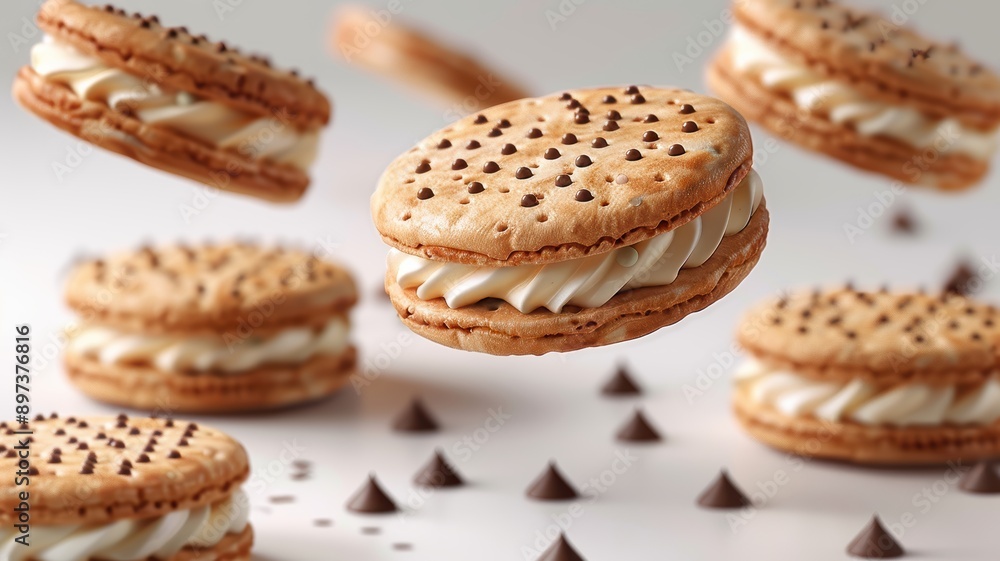 Delicious Chocolate Sandwich Cookies with Cream Filling Floating in Mid-Air Against a Light Background Delicious Chocolate Sandwich Cookies with Cream Filling Floating in Mid-Air Against a Light Background