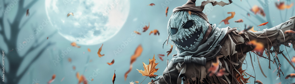 A spooky scarecrow under a full moon, surrounded by swirling autumn leaves, perfect for Halloween or fall themed visuals. A spooky scarecrow under a full moon, surrounded by swirling autumn leaves, perfect for Halloween or fall themed visuals.