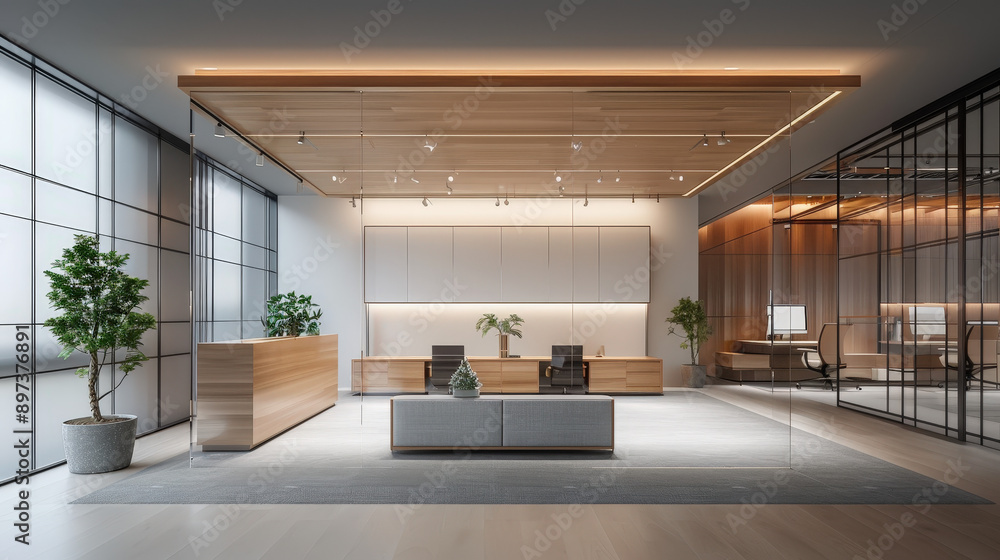 Fototapeta premium Modern Japanese office with 3D holographic displays and minimalist design