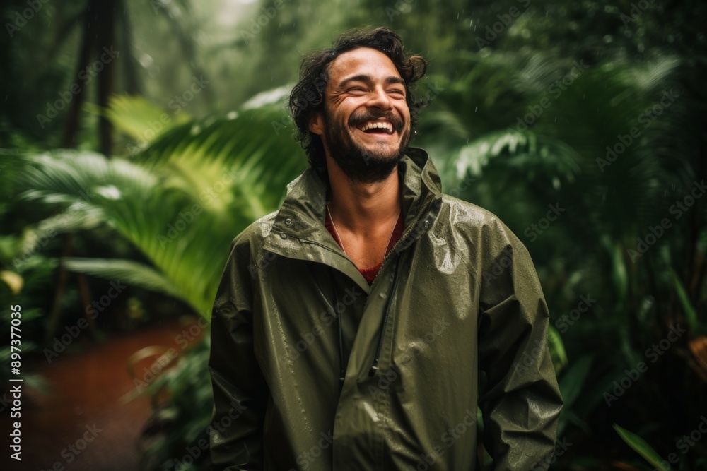 Portrait of a joyful man in his 30s sporting a waterproof rain jacket over lush tropical rainforest Portrait of a joyful man in his 30s sporting a waterproof rain jacket over lush tropical rainforest