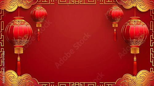 Two red Chinese lanterns with gold patterns and red tassels hanging at the top left and right corners of the image, decorative gold border with wave patterns at the top center, plain red background, photo