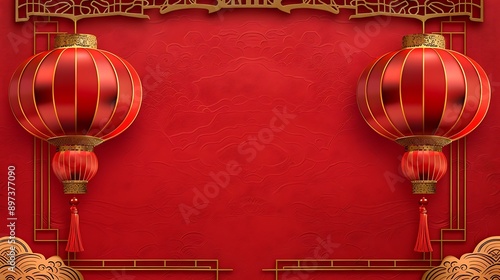 Two red Chinese lanterns with gold patterns and red tassels hanging at the top left and right corners of the image, decorative gold border with wave patterns at the top center, plain red background, photo