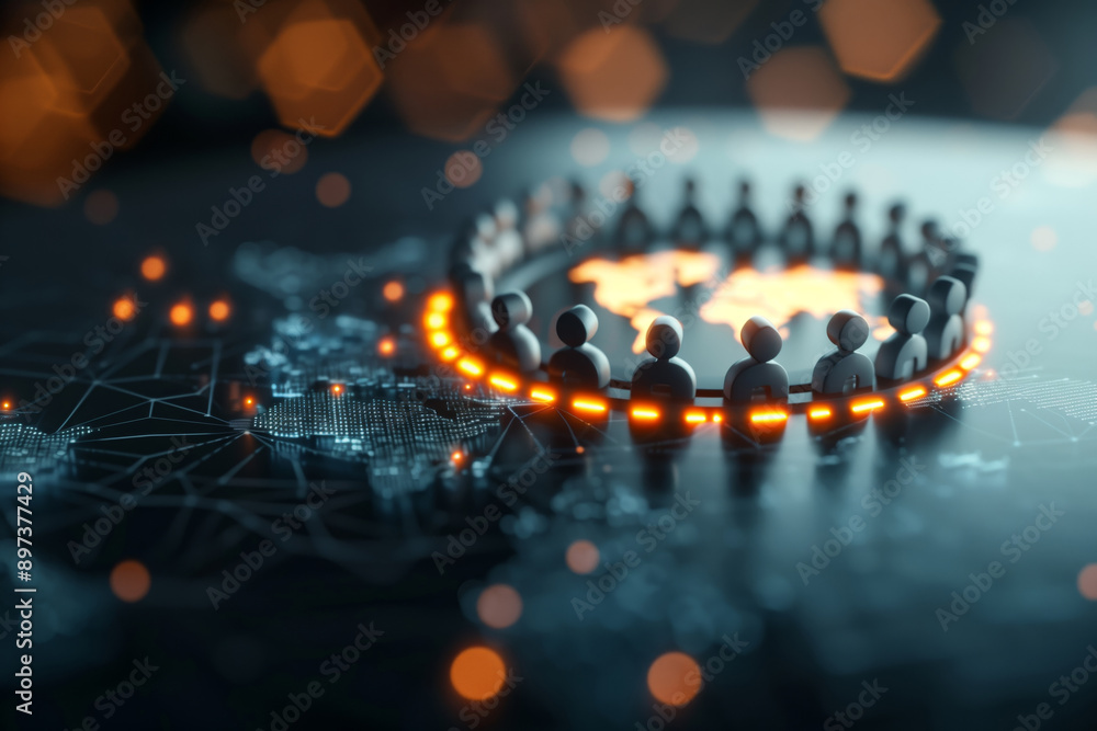Conceptual image of global unity with figures surrounding a world map, highlighting connection and collaboration. Conceptual image of global unity with figures surrounding a world map, highlighting connection and collaboration.