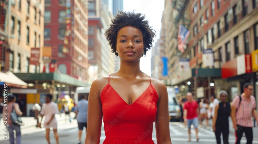 African American woman in red dress on city street, Concept of urban fashion, confident female, leisure stroll African American woman in red dress on city street, Concept of urban fashion, confident female, leisure stroll