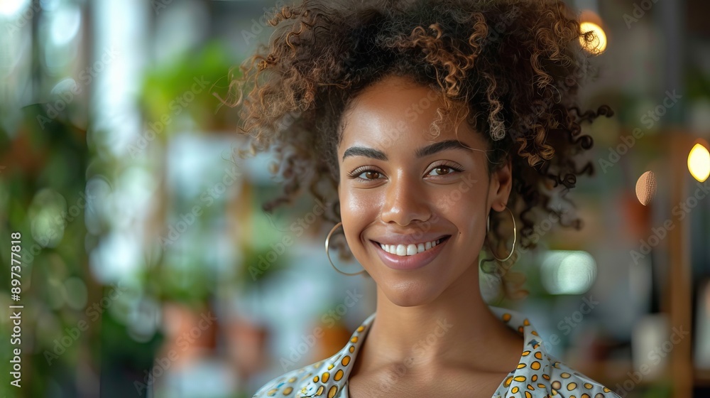 A young woman with curly hair smiling warmly, wearing hoop earrings and a patterned shirt. The background is blurred with green plants and warm lighting, suggesting an indoor setting. A young woman with curly hair smiling warmly, wearing hoop earrings and a patterned shirt. The background is blurred with green plants and warm lighting, suggesting an indoor setting.