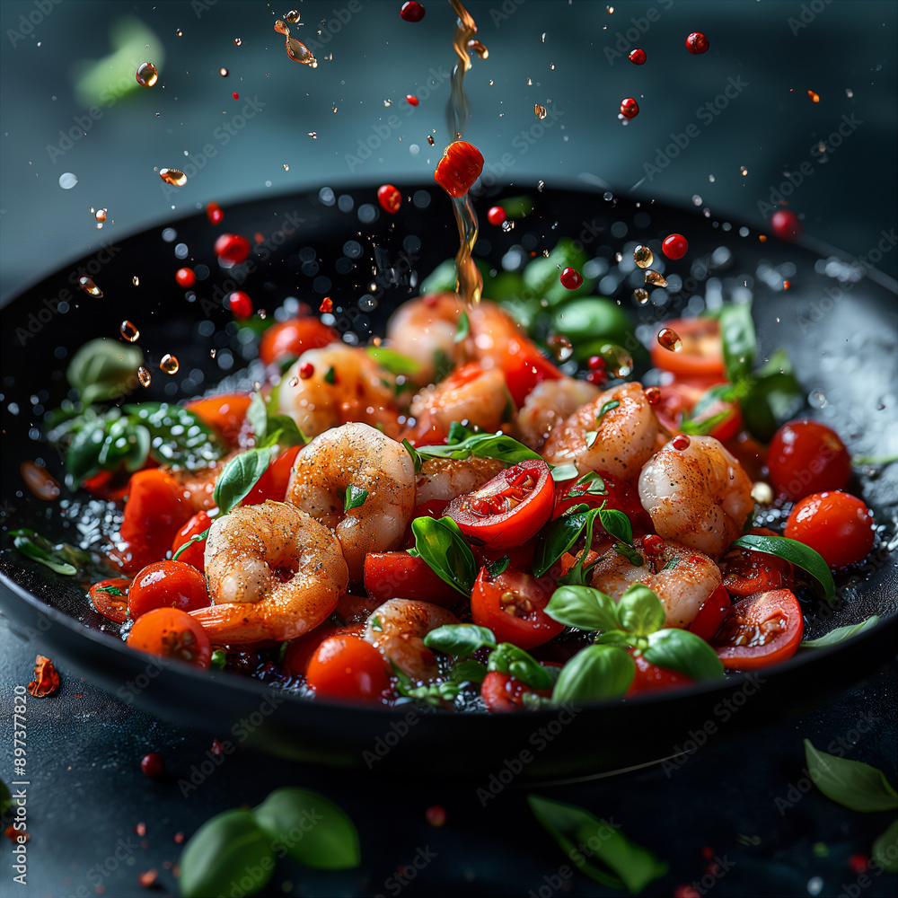 Shrimp, Tomato, and Basil Dish Falling Into Bowl. Generative AI Shrimp, Tomato, and Basil Dish Falling Into Bowl. Generative AI