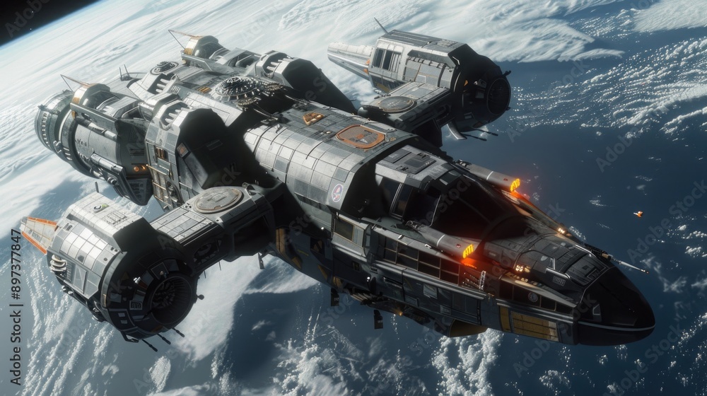 Fototapeta premium Sci-fi spaceship over Earth