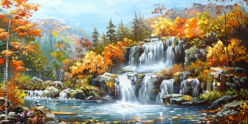 Fototapeta Naklejka Na Ścianę i Meble -  3d embossed oil painting of waterfall