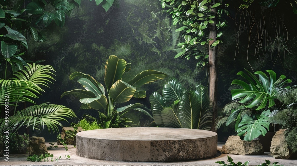 Lush tropical jungle backdrop with concrete podium: a serene product display stage set against vibrant green foliage, creating an exotic, natural ambiance. Lush tropical jungle backdrop with concrete podium: a serene product display stage set against vibrant green foliage, creating an exotic, natural ambiance.