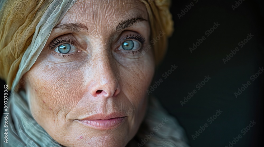 Close-up portrait of an older woman with blue eyes, wearing a headscarf, looking directly at the camera. The background is dark, emphasizing her facial features and expression. Close-up portrait of an older woman with blue eyes, wearing a headscarf, looking directly at the camera. The background is dark, emphasizing her facial features and expression.