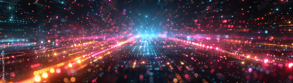 Fototapeta premium Abstract digital art with vibrant lights. Neon colors create a futuristic, energetic feel with bokeh effect. Perfect for tech or artistic backgrounds.