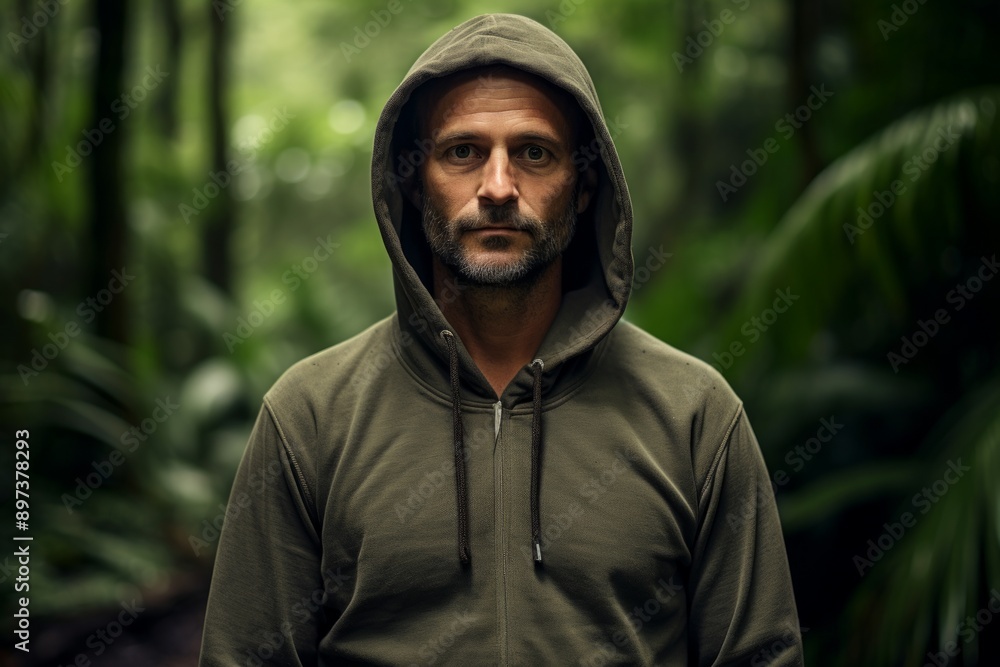 Portrait of a content man in his 40s sporting a comfortable hoodie in lush tropical rainforest Portrait of a content man in his 40s sporting a comfortable hoodie in lush tropical rainforest