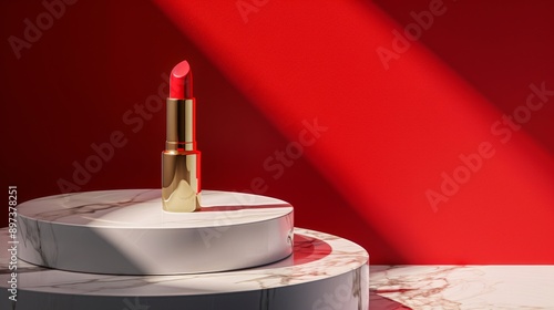 red pastel background, lipstick on a white marble showcase platform, professional photo, flat lighting