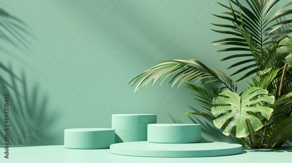 Minimalist mint green product display podiums with tropical palm and monstera leaves casting shadows, creating a serene and exotic backdrop for branding. Minimalist mint green product display podiums with tropical palm and monstera leaves casting shadows, creating a serene and exotic backdrop for branding.