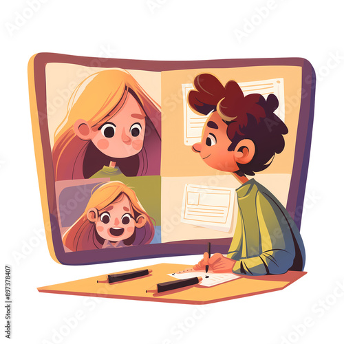 a 2d cartoon clipart drawing of an online meeting on an isolated transparent background