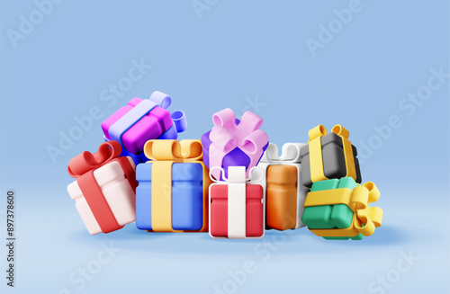 3D gift box pile isolated. Render collection of colorful wrapped box. Christmas. New year, sale, shopping. Present box with bows ribbons. Giftbox for valentine, birthday, holiday. Vector illustration