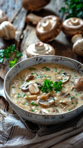 Creamy mushroom soup in a white bowl on wooden table, concept of gourmet food, healthy eating, comfort meal. Vertical