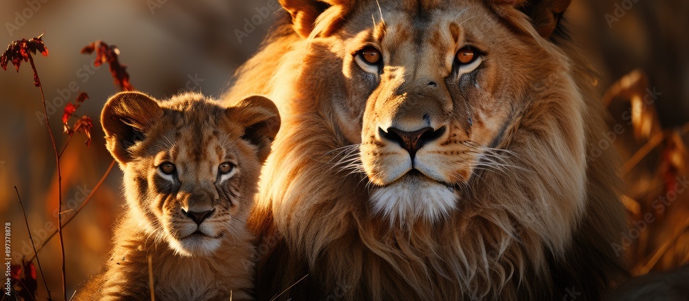 male lion is lovingly embraced by his cub male lion is lovingly embraced by his cub