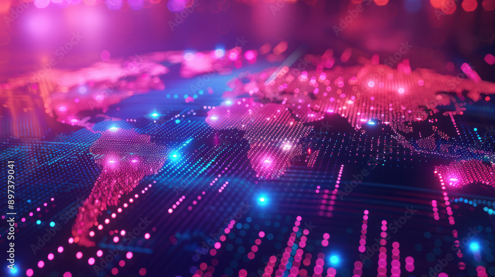 A vibrant digital world map glowing with bright neon colors, symbolizing global connectivity and technology advancements in a futuristic setting. A vibrant digital world map glowing with bright neon colors, symbolizing global connectivity and technology advancements in a futuristic setting.